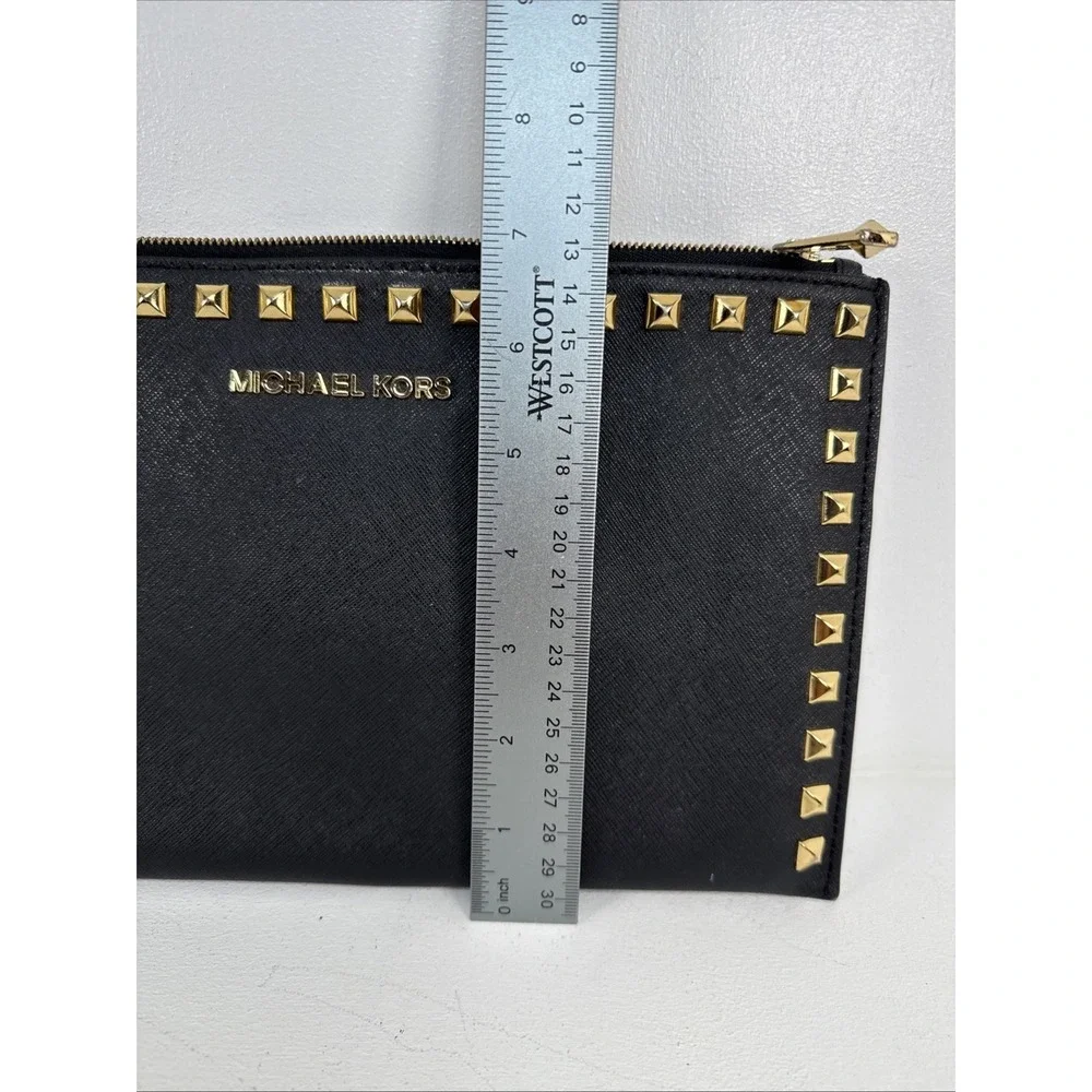Michael Kors XL Zip Clutch Wallet Leather Gold Studded Logo Wristlet Black